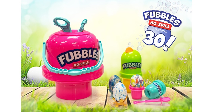 A TISKET A TASKET, ADD FUBBLES® TO YOUR BASKET! ONLY THE FUN COMES OUT THANKS TO NO-SPILL® TUMBLERS, A 30-YEAR TRADITION OF MAKING FUN WITH NO MESS Hop to Target, Walmart & Amazon.com For Little Kids, Inc. No-Spill Bubble Tumblers And Minis In Easter Pastel Colors